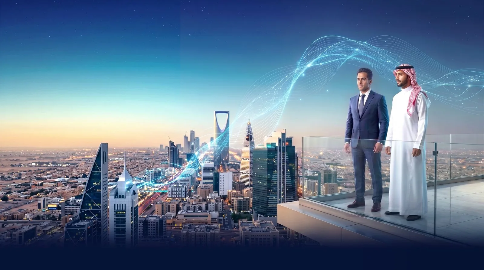 Two business leaders on a rooftop terrace above the Riyadh skyline at dusk, a current of light flowing through the city