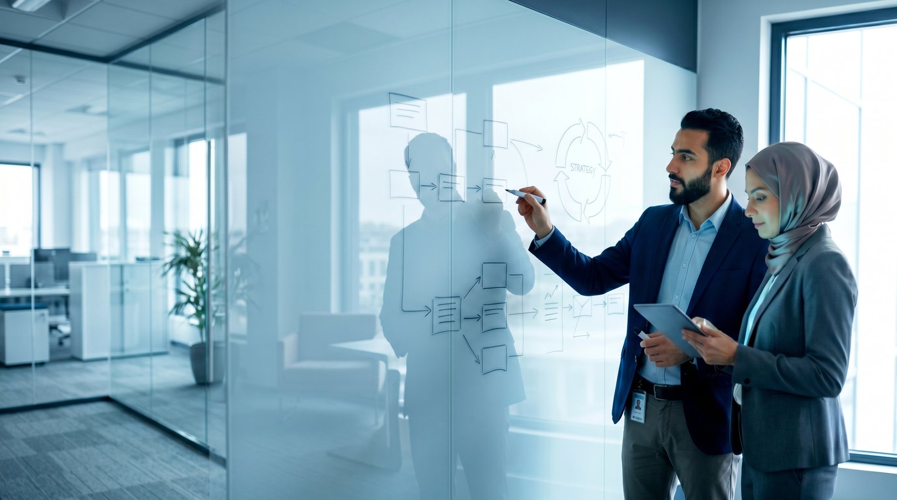 Two consultants mapping a process flow on a glass wall