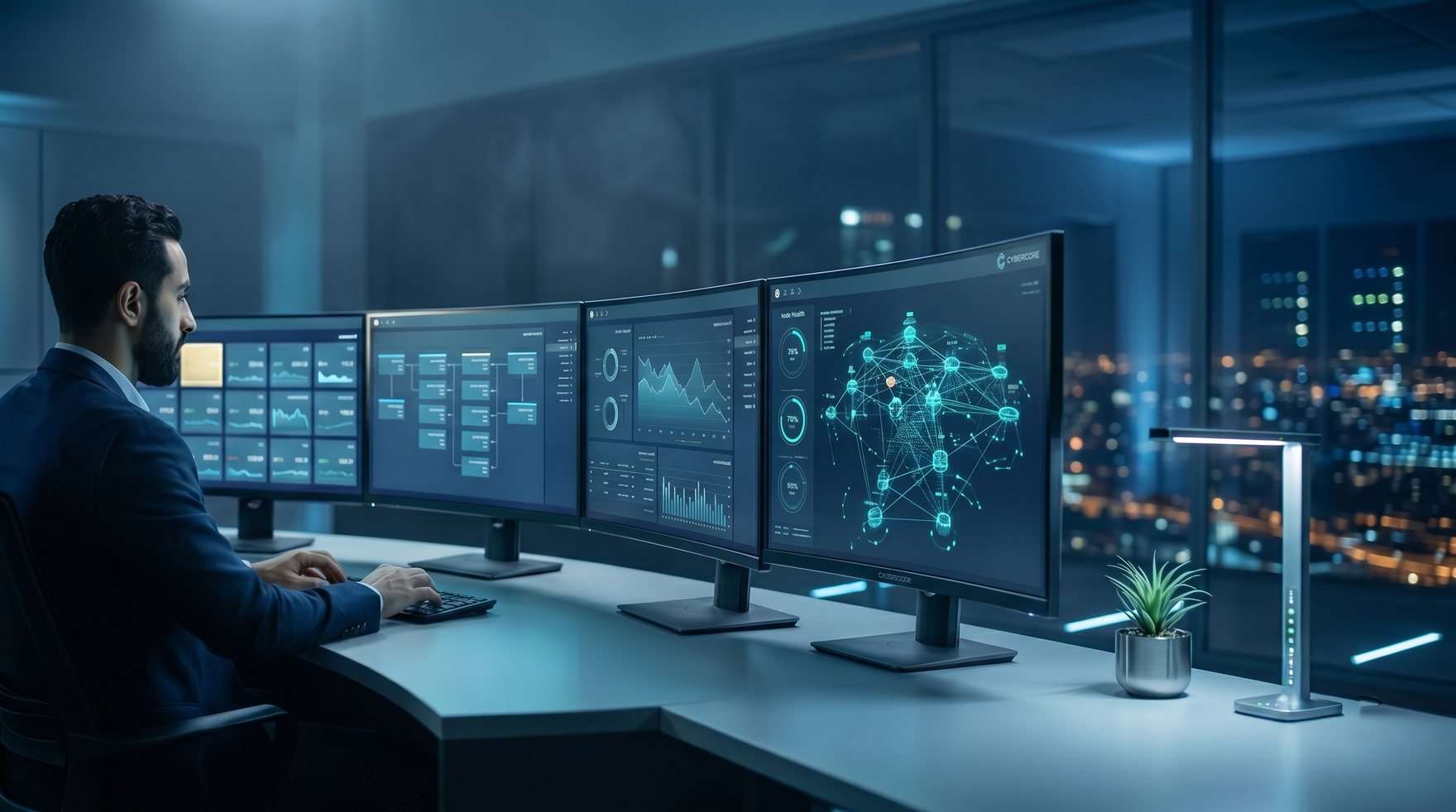 An operator monitoring a unified ERP dashboard across curved displays