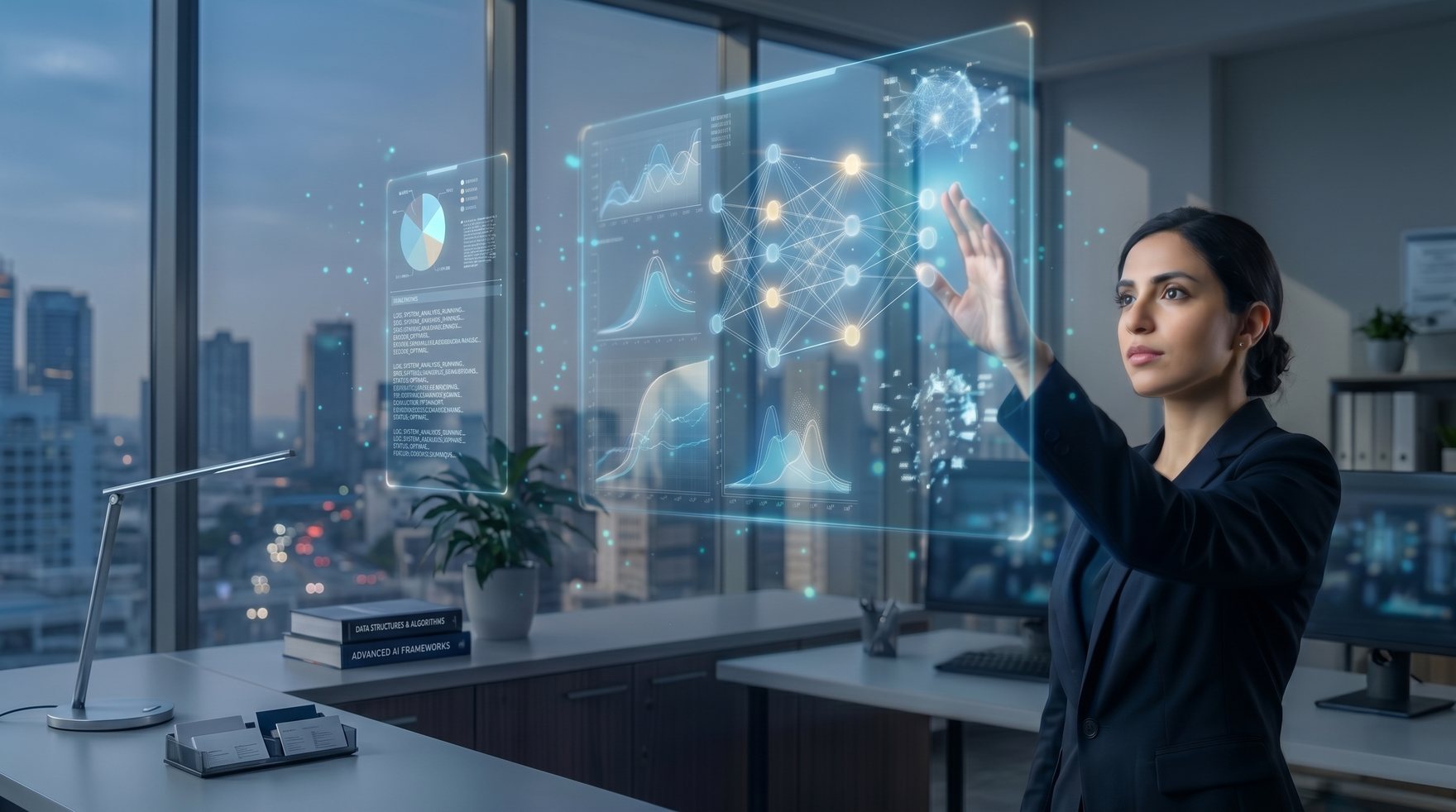 An analyst interacting with a holographic AI data interface