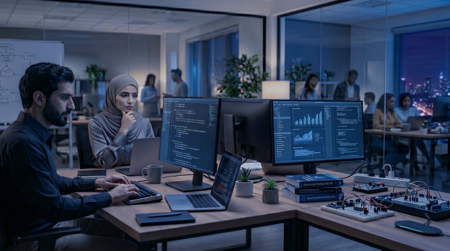 Engineers building custom software at a multi-monitor workstation