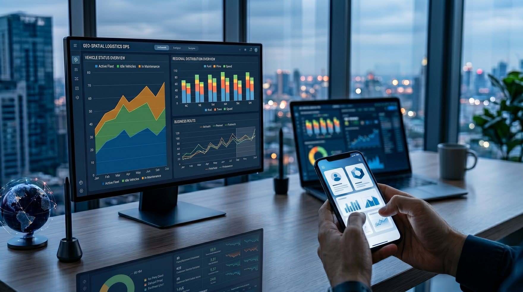 A mobile app dashboard in-hand beside a laptop showing analytics
