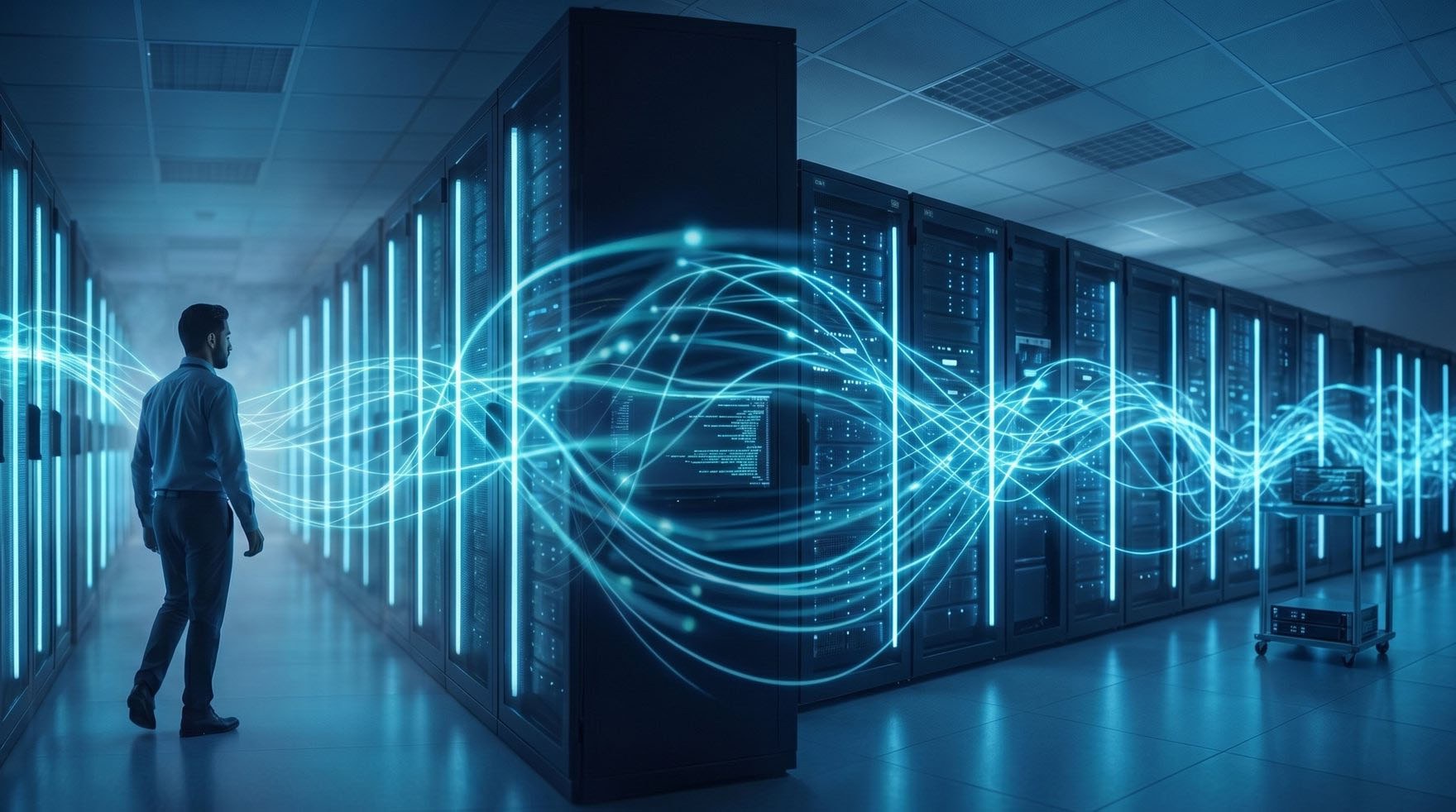 A specialist in a server corridor with streams of light linking systems