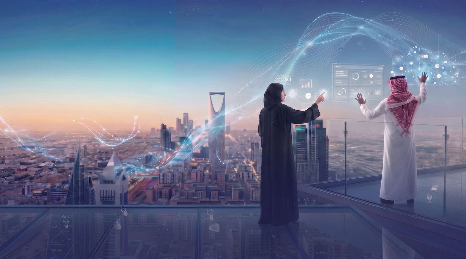 A team interacting with connected data dashboards above the Riyadh skyline at dusk