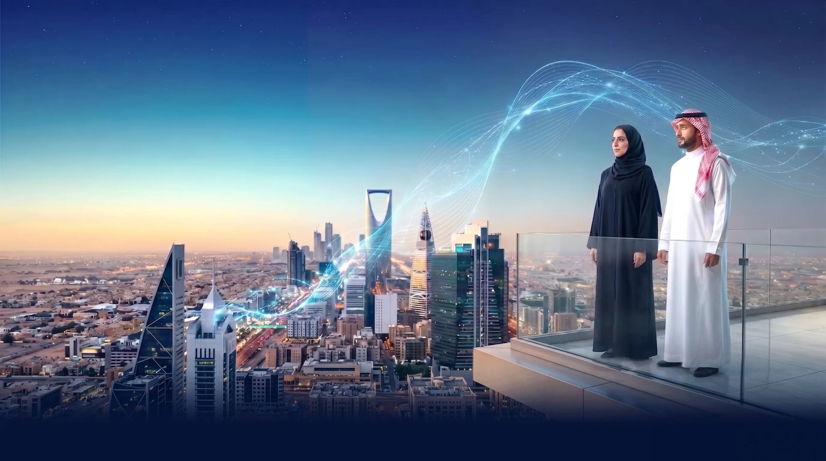Two business leaders on a rooftop terrace above the Riyadh skyline at dusk, a current of light flowing through the city