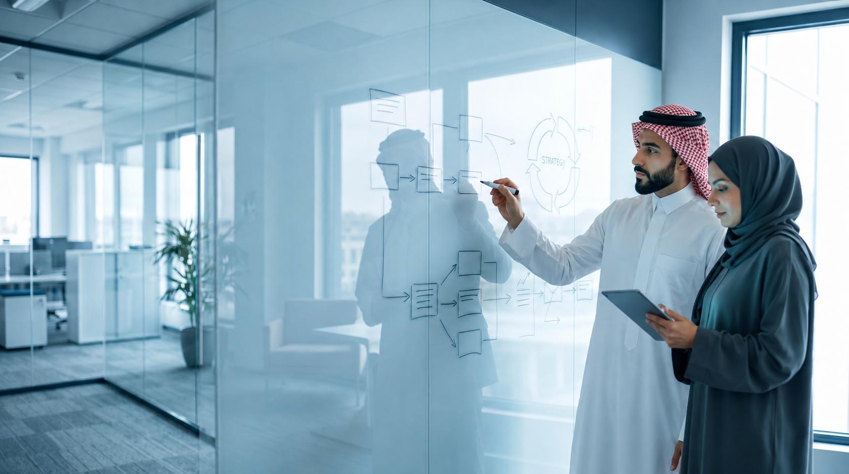 Two consultants mapping a process flow on a glass wall