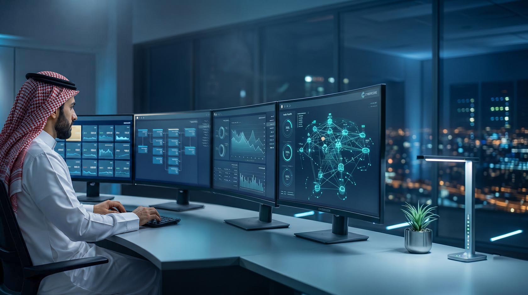 An operator monitoring a unified ERP dashboard across curved displays
