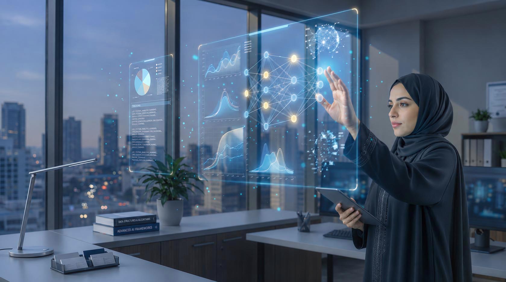 An analyst interacting with a holographic AI data interface