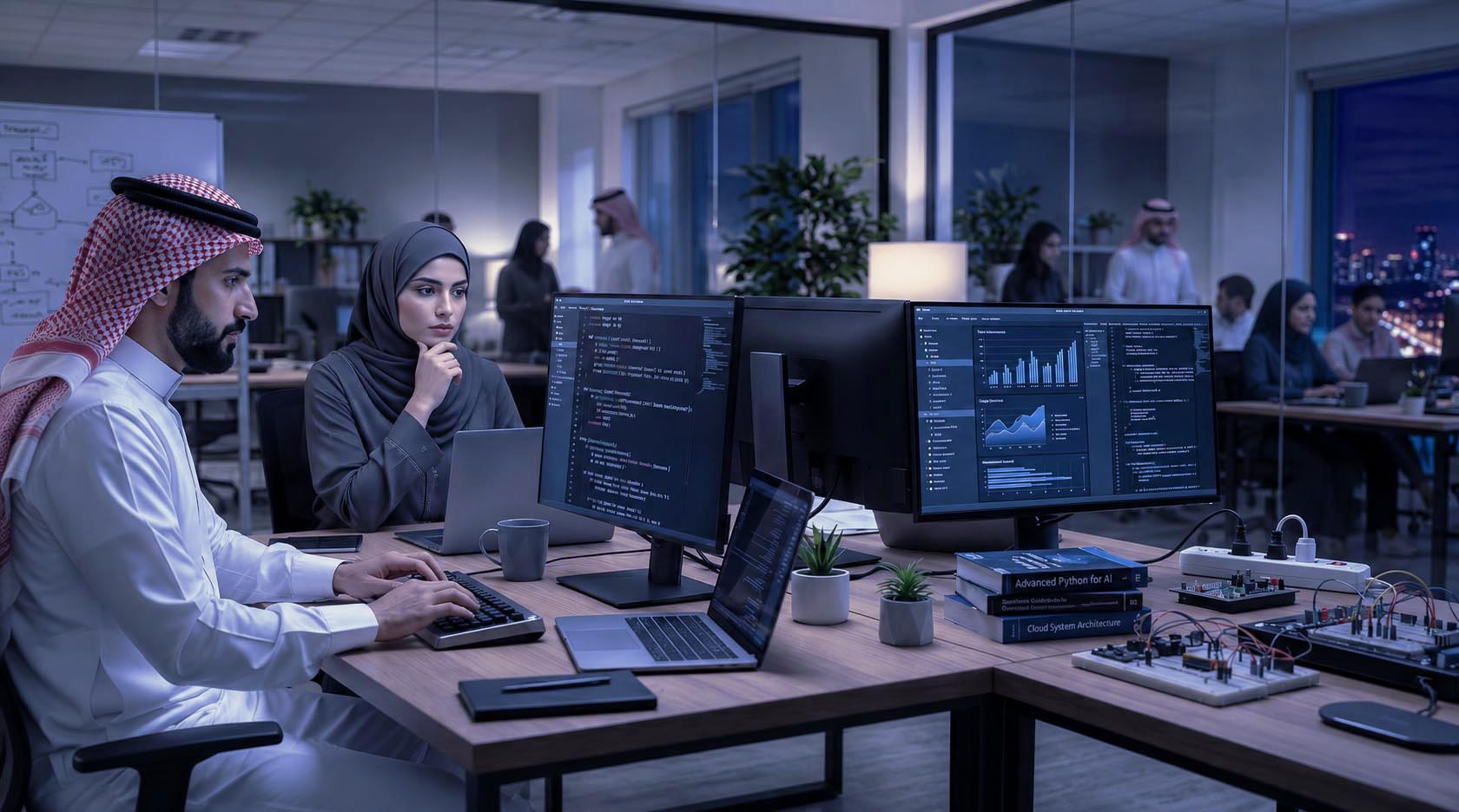 Engineers building custom software at a multi-monitor workstation