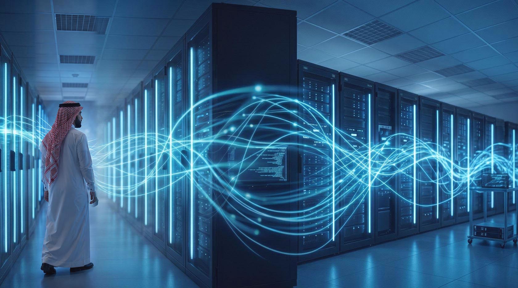 A specialist in a server corridor with streams of light linking systems