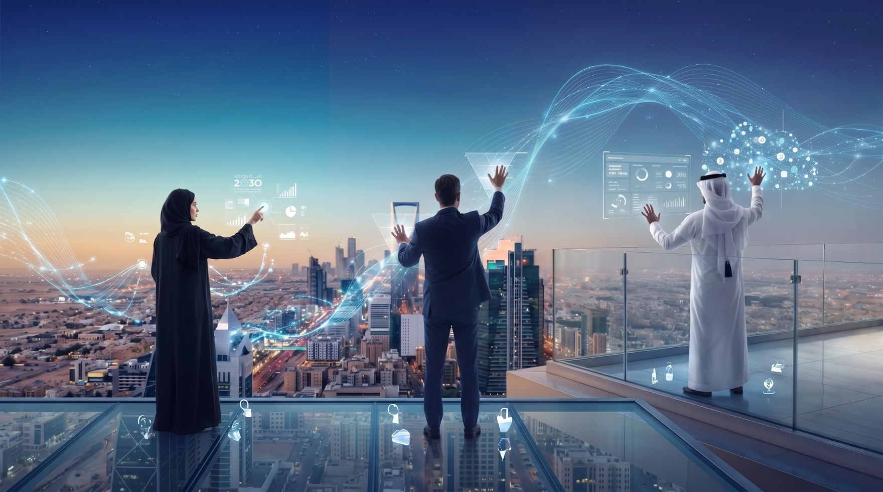 A team interacting with connected data dashboards above the Riyadh skyline at dusk